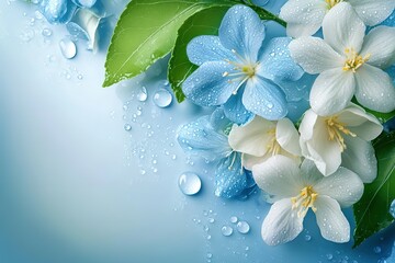 Wall Mural - Delicate blue and white blossoms, glistening with morning dew. A refreshing spring scene.