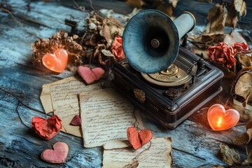 Wall Mural - Antique Gramophone With Dried Flowers And Hearts