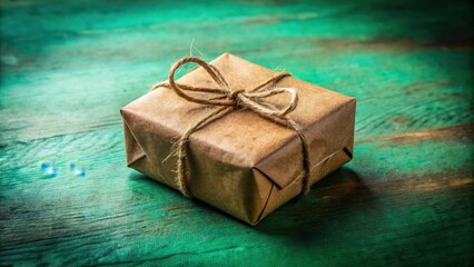 Poster - A simple brown gift box tied with rustic twine on a weathered green wooden surface