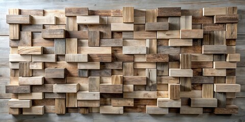 Aufkleber - A geometric pattern of natural wood blocks, showcasing a variety of textures and grain patterns, creating a visually captivating and tactile surface.