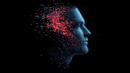 Digital Human Profile Blue Red Pixels Dark Background
