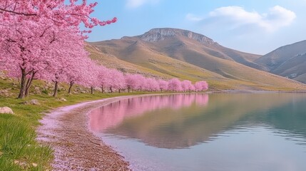 Wall Mural - Stunning Cherry Blossom Trees Along a Serene Lake with Mountain Views in Springtime; Perfect Nature Escape for Relaxation and Photography Enthusiasts