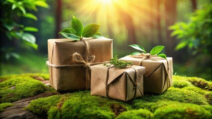 Poster - Wrapped gifts resting on a bed of green moss, bathed in the warm glow of sunlight filtering through the trees