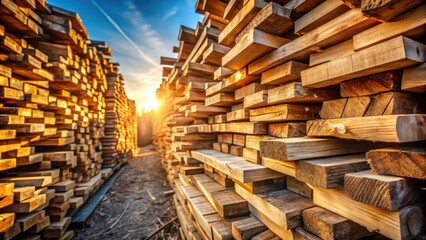 Aufkleber - Sunset illuminates a towering stack of wooden planks, showcasing the intricate details and natural beauty of timber