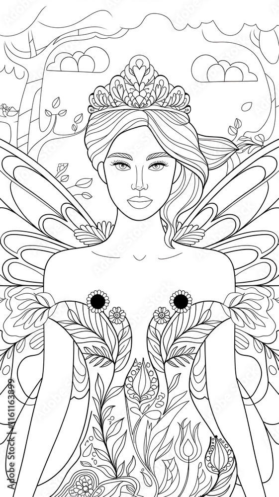 Beautiful fairy beauty line art coloring page for adult drawing ...