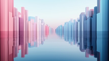 Wall Mural - a reflection of a vibrant neon cityscape with towering skyscrapers and bustling streets mirrored in 