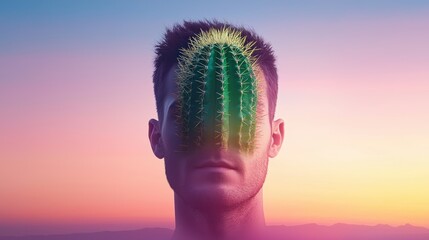 Wall Mural - a lone cactus in the desert, its spiky exterior outlined in glowing neon green, contrasting sharply 