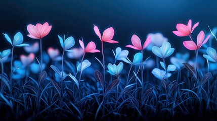 Wall Mural - a field of wildflowers swaying gently in the breeze, each petal subtly outlined in neon pink and blu