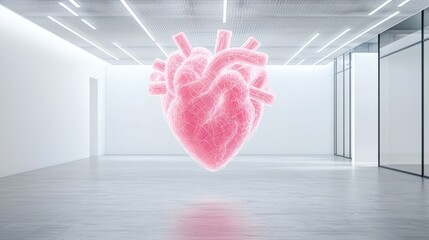 Wall Mural - a large scale neon sculpture in the shape of a human heart, its intricate network of tubes pulsing w