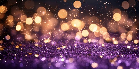 Wall Mural - sparkling bokeh lights illuminate a purple glitter surface, enhancing the festive ambiance at a nigh