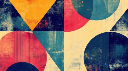 Fototapete - Colorful abstract retro risograph design featuring geometric shapes and copy space for creative projects. Generative AI