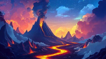 Sticker - Eruption of the Fiery Volcano: A Digital Painting of Volcanic Landscape Under Starry Sky