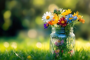 Wall Mural - Wildflowers in a glass jar, sitting in the grass.  A summery, bright and cheerful scene.