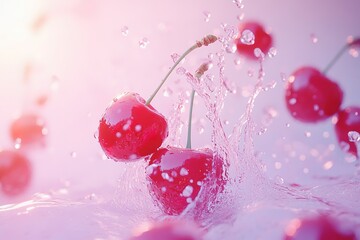 Wall Mural - Juicy cherries splashing into water, creating a vibrant and refreshing scene.