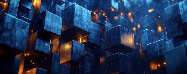 Wall Mural - glowing blue cubes abstract digital art dark background