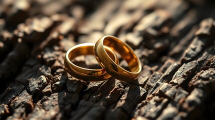 two golden rings precisely positioned on an old tree