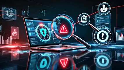 Cybersecurity Concept With Laptop, Magnifying Glass, Warning Icons, and Digital Interface in a High-Tech Environment

