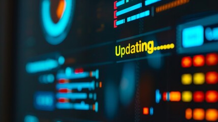 A close-up of a digital screen displaying a software update progress bar, with a blurred background of technical icons and code snippets. The screen shows a loading circle and the text 