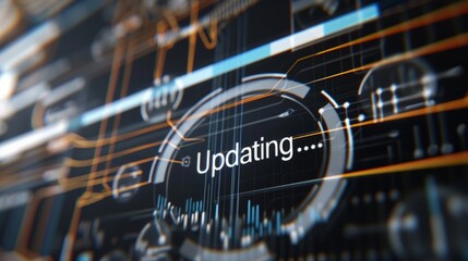 A close-up of a digital screen displaying a software update progress bar, with a blurred background of technical icons and code snippets. The screen shows a loading circle and the text 