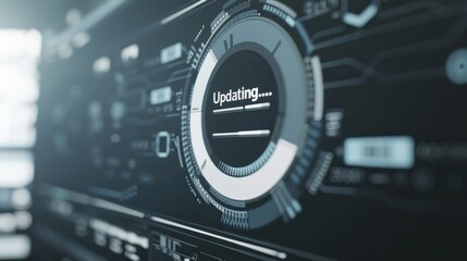 A close-up of a digital screen displaying a software update progress bar, with a blurred background of technical icons and code snippets. The screen shows a loading circle and the text 