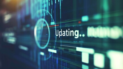 A close-up of a digital screen displaying a software update progress bar, with a blurred background of technical icons and code snippets. The screen shows a loading circle and the text 