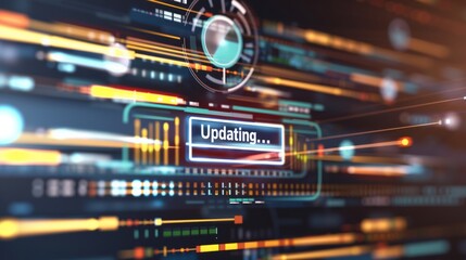 A close-up of a digital screen displaying a software update progress bar, with a blurred background of technical icons and code snippets. The screen shows a loading circle and the text 