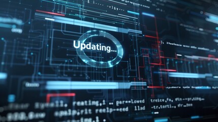 A close-up of a digital screen displaying a software update progress bar, with a blurred background of technical icons and code snippets. The screen shows a loading circle and the text 