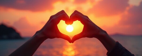 Close-up of diverse hands creating a heart shape with fingers against a romantic sunset backdrop, affection, symbolic