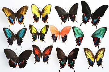 Wall Mural - Group of colorful butterflies perched on a clean white background