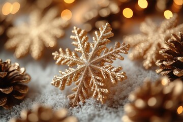 Wall Mural - A close-up shot of a delicate snowflake surrounded by pine cones