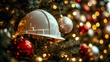 © sommersby - A white hard hat adorns a Christmas tree amongst festive ornaments and lights