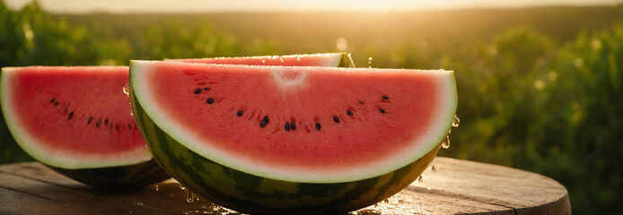 Wall Mural - Sliced watermelon, fruit, macro, portrait. Fresh watermelon with water drops. Banner for design, website, decor.