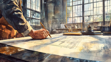 Hand in gauntlet with pencil drawing architectural plan against old workshop background