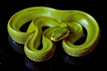 Wall Mural - A single green snake is curled up on a dark-colored surface, ready to strike