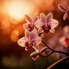 Wall Mural - Pink orchids at sunset, beautiful sunset colors and beautiful bokeh on background.