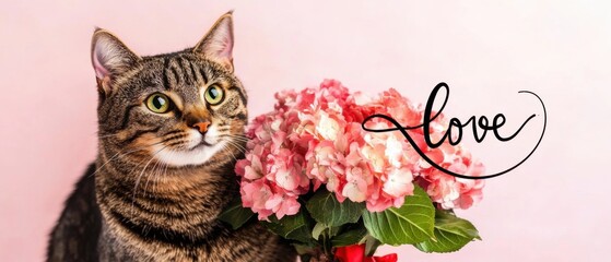Adorable Tabby Cat with Pink Hydrangeas and Love Script for Valentines Day