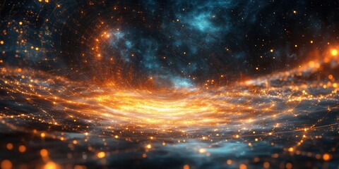 Expansive glowing tech grid illuminating the cosmic horizon digital art sci-fi environment celestial viewpoint futuristic concept