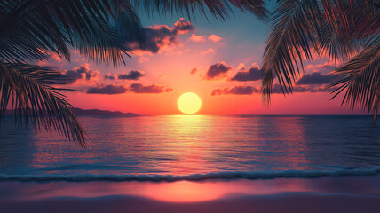 Wall Mural - Peaceful beach sunset with palm trees and a vibrant sea horizon