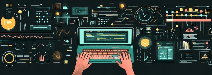 A Digital Background with Icons Representing Software Development and Programming 