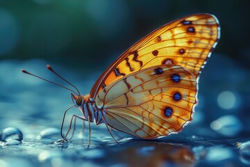 Wall Mural - A close-up photo of a butterfly on a wet surface, suitable for use in illustrations or educational materials