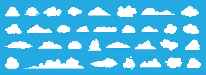 flat cloud. simple cloudy shapes. cartoon white puffy, fluffy and cumulus clouds in blue sky. abstra