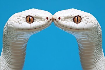 A close-up view of two snakes gazing at each other, showcasing their intense stare