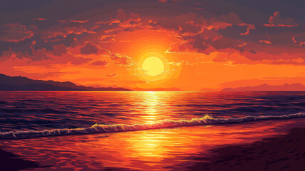 Wall Mural - Scenic illustration of a sea sunset or ocean sunrise with sun reflecting on water