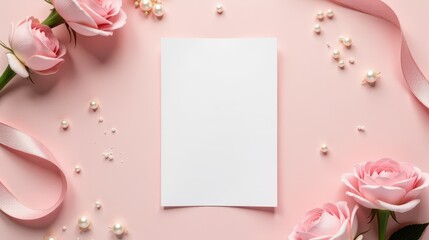 A blank white card is surrounded by elegant pink roses, pearls, and ribbon on a soft pink background