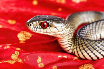 Wall Mural - Close-up shot of a snake coiled on a red cloth