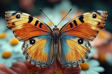 Canvas Print - A colorful butterfly sits atop a blooming flower in this natural scene