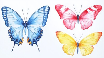 Poster - A close-up view of three colorful butterflies perched on a white surface