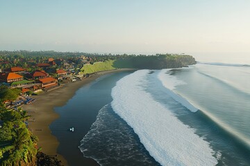 Wall Mural - A serene beach view with gentle waves and lush greenery in the background.