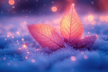 Canvas Print - A couple of leaves sit on top of snowy ground, providing a pop of color in the winter landscape