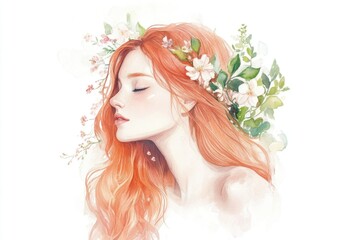 Wall Mural - A woman wearing a beautiful flower crown on her head, perfect for editorial or commercial use